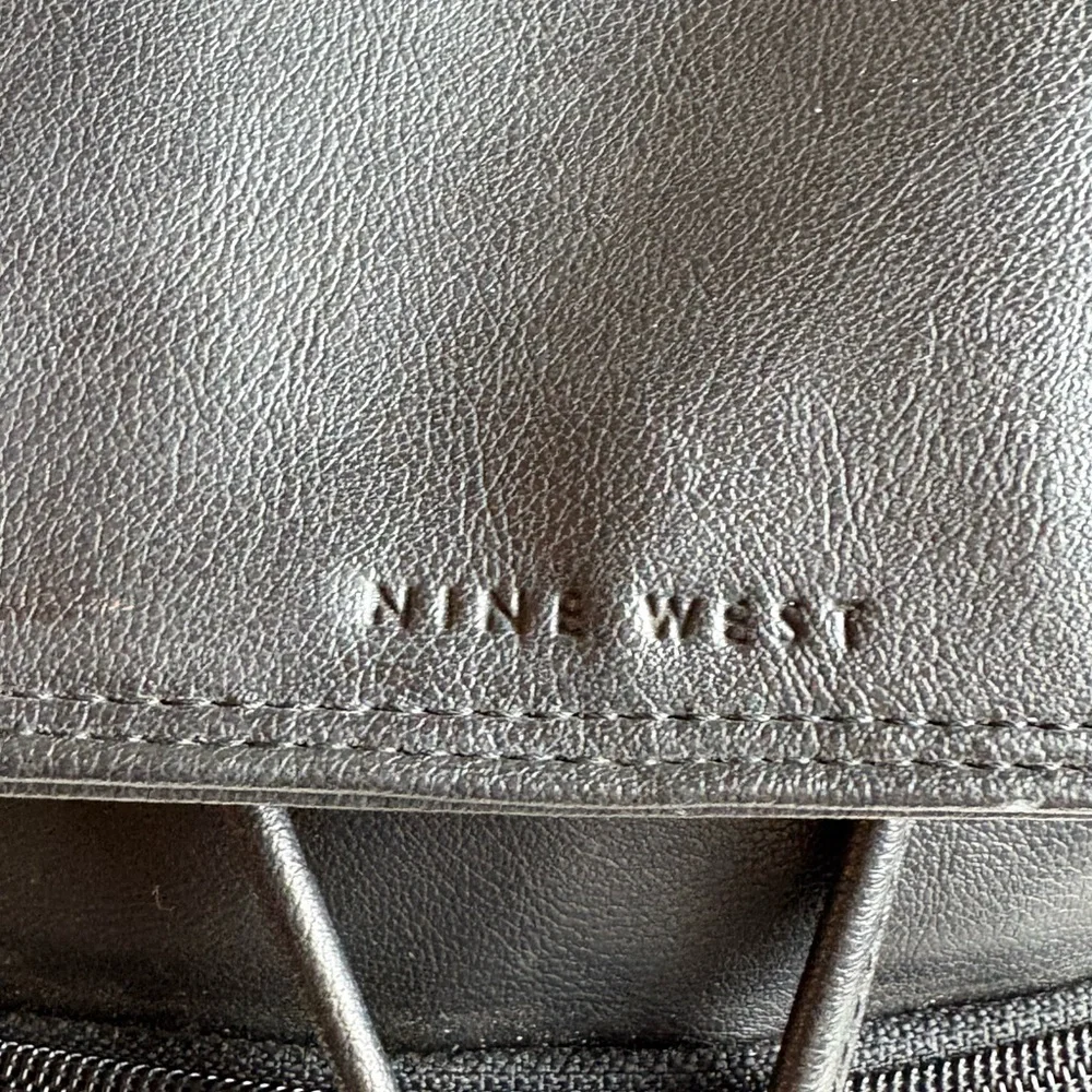 Nine West Black Faux Leather Backpack Women's Adjustable Drawstring Flap Bag